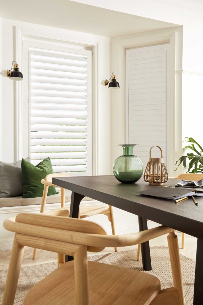 Perfect fit shutters lite - set in a bay window dining room