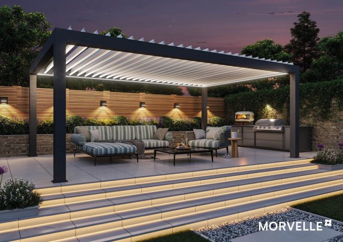 Morvelle louvred roof pergola with integrated lighting