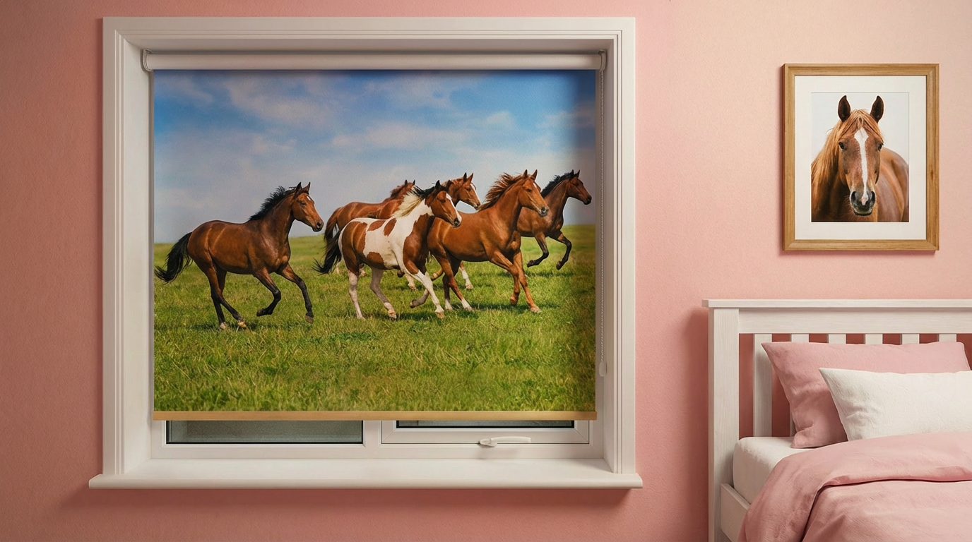 Printed blind with an image of running horses in a pink bedroom